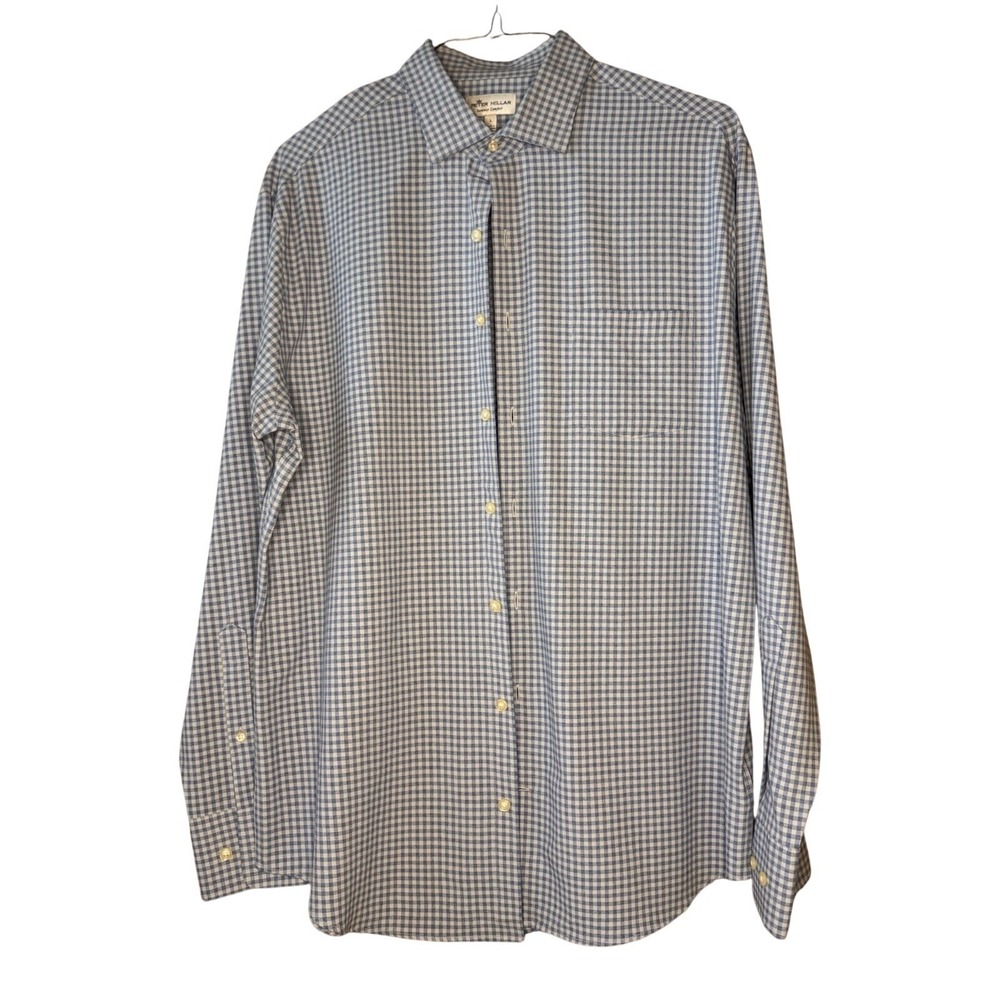 Peter Millar Men's Dress Shirt LG Blue and White Checked Button Down Long Sleeve